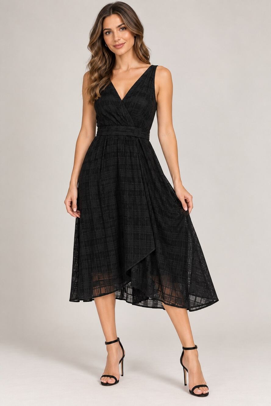 NWT DKNY Womens Black Printed Evening Fit Flare Dress Faux Wrap Asymetrical 2